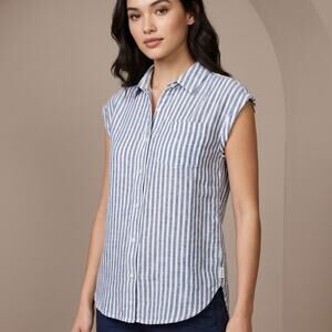 Orvis Women's Striped Linen Blend Button Down Shirt Coastal Grandma Blue S